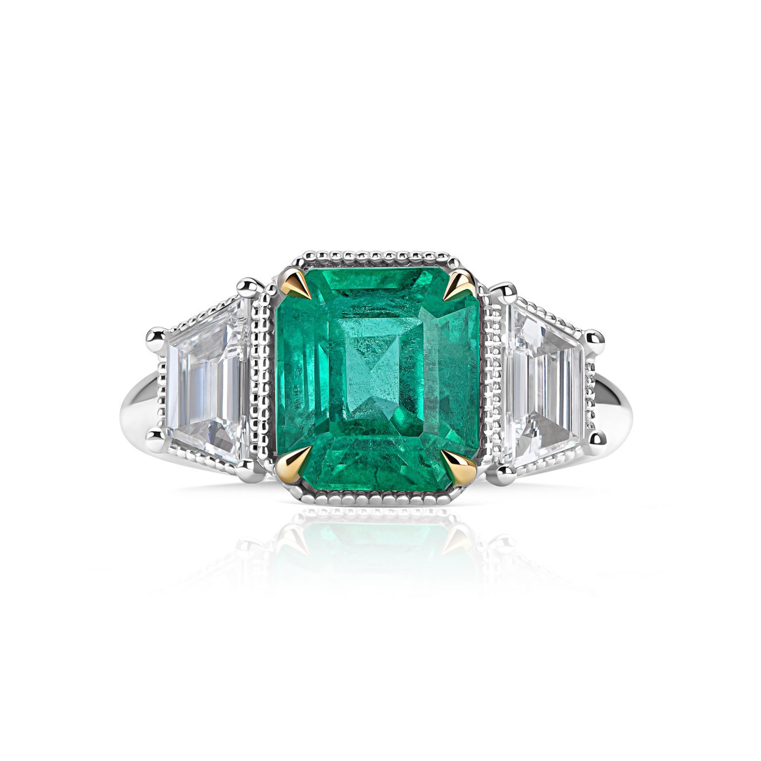 3.96 ct Octagon Emerald Ring with Trapezoid Diamonds